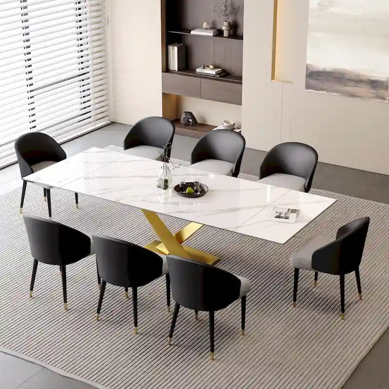 Ensemble de salle à manger 9 pièces comprenant une table rectangulaire extensible en pierre frittée (94,48 cm) et 8 chaises en similicuir.