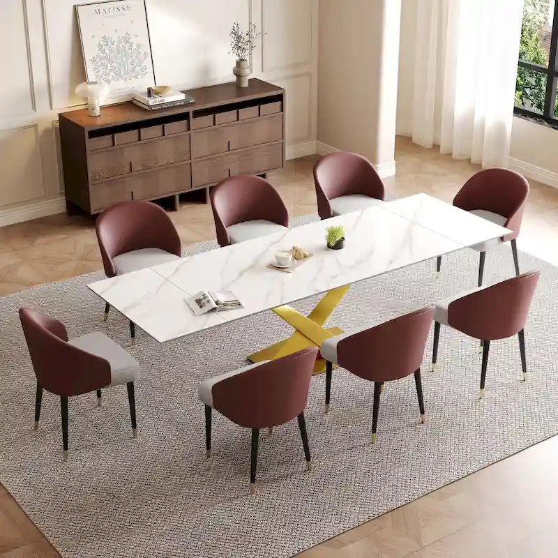Ensemble de salle à manger 9 pièces comprenant une table rectangulaire extensible en pierre frittée (94,48 cm) et 8 chaises en similicuir.