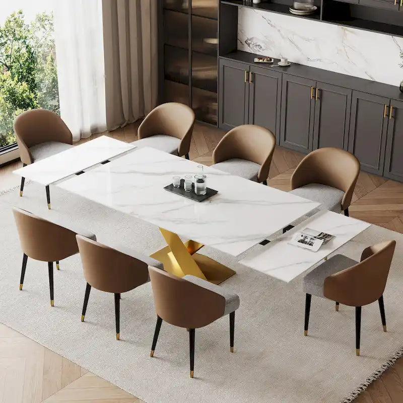 Ensemble de salle à manger 9 pièces comprenant une table rectangulaire extensible en pierre frittée (94,48 cm) et 8 chaises en similicuir.