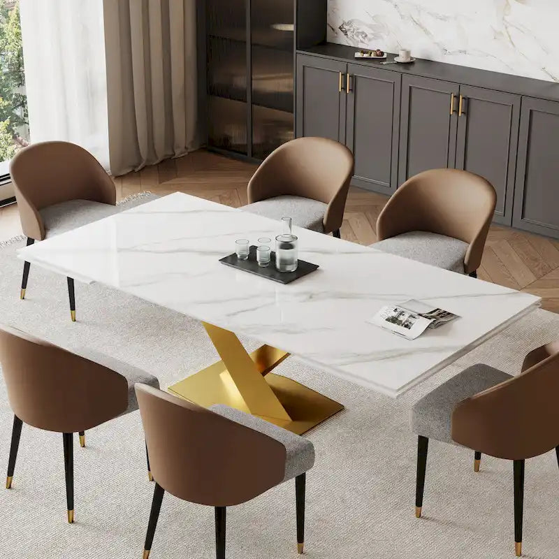 Ensemble de salle à manger 9 pièces comprenant une table rectangulaire extensible en pierre frittée (94,48 cm) et 8 chaises en similicuir.