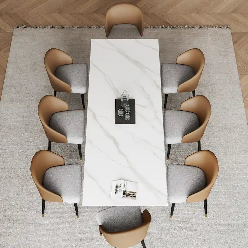 Ensemble de salle à manger 9 pièces comprenant une table rectangulaire extensible en pierre frittée (94,48 cm) et 8 chaises en similicuir.