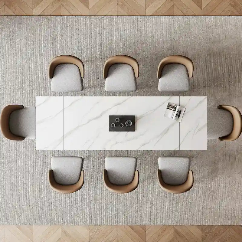 Ensemble de salle à manger 9 pièces comprenant une table rectangulaire extensible en pierre frittée (94,48 cm) et 8 chaises en similicuir.