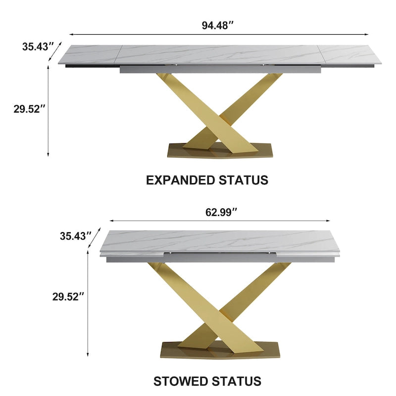 Ensemble de salle à manger 9 pièces comprenant une table rectangulaire extensible en pierre frittée (94,48 cm) et 8 chaises en similicuir.