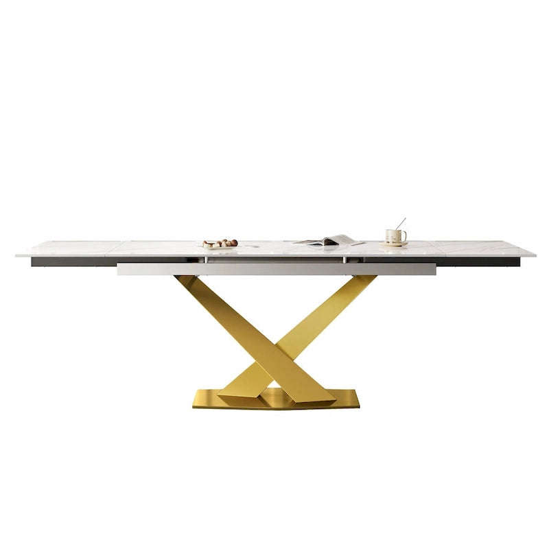 Ensemble de salle à manger 9 pièces comprenant une table rectangulaire extensible en pierre frittée (94,48 cm) et 8 chaises en similicuir.