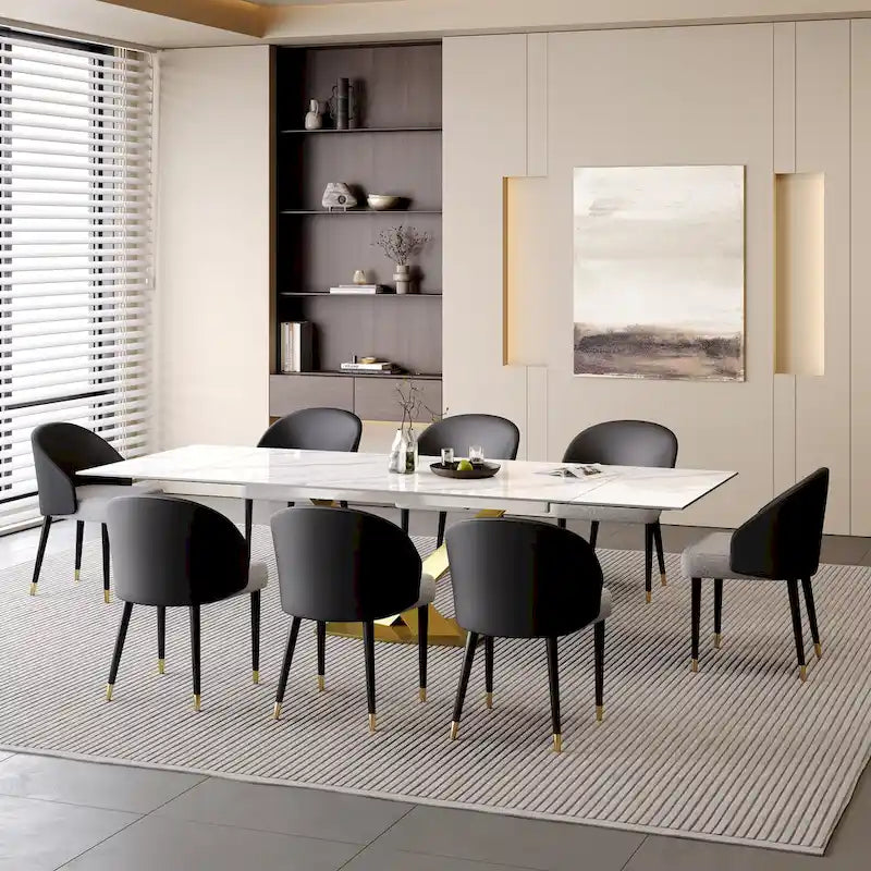 Ensemble de salle à manger 9 pièces comprenant une table rectangulaire extensible en pierre frittée (94,48 cm) et 8 chaises en similicuir.