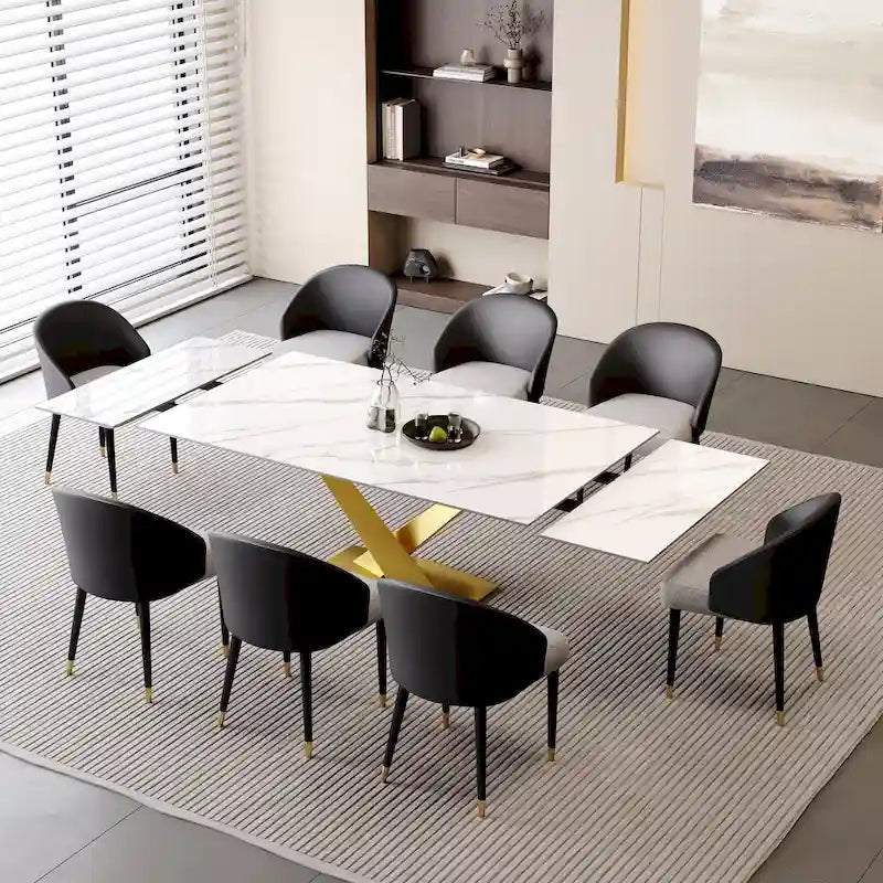 Ensemble de salle à manger 9 pièces comprenant une table rectangulaire extensible en pierre frittée (94,48 cm) et 8 chaises en similicuir.