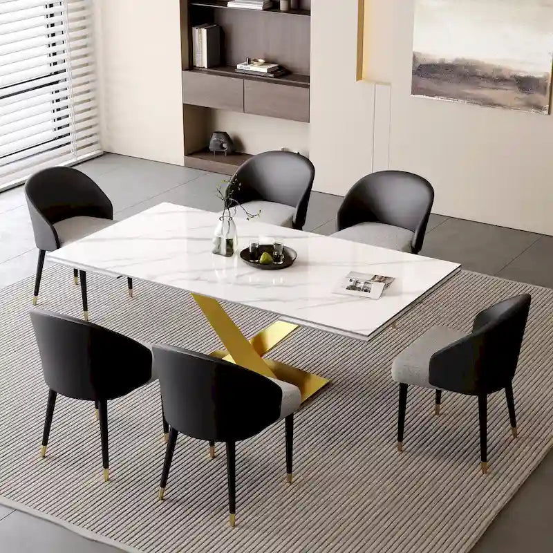 Ensemble de salle à manger 9 pièces comprenant une table rectangulaire extensible en pierre frittée (94,48 cm) et 8 chaises en similicuir.