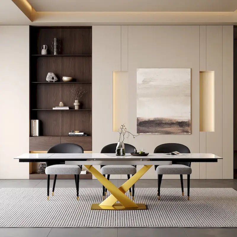 Ensemble de salle à manger 9 pièces comprenant une table rectangulaire extensible en pierre frittée (94,48 cm) et 8 chaises en similicuir.