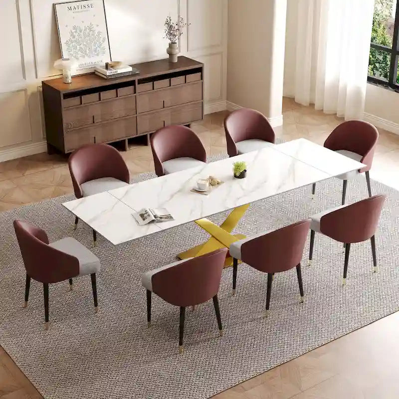 Ensemble de salle à manger 9 pièces comprenant une table rectangulaire extensible en pierre frittée (94,48 cm) et 8 chaises en similicuir.