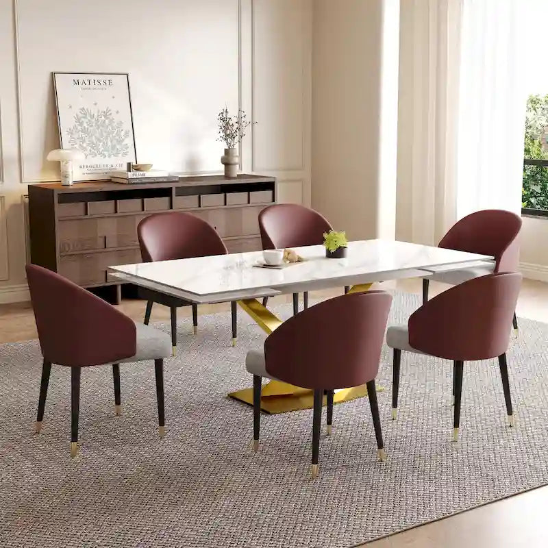 Ensemble de salle à manger 9 pièces comprenant une table rectangulaire extensible en pierre frittée (94,48 cm) et 8 chaises en similicuir.