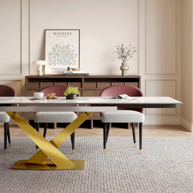 Ensemble de salle à manger 9 pièces comprenant une table rectangulaire extensible en pierre frittée (94,48 cm) et 8 chaises en similicuir.